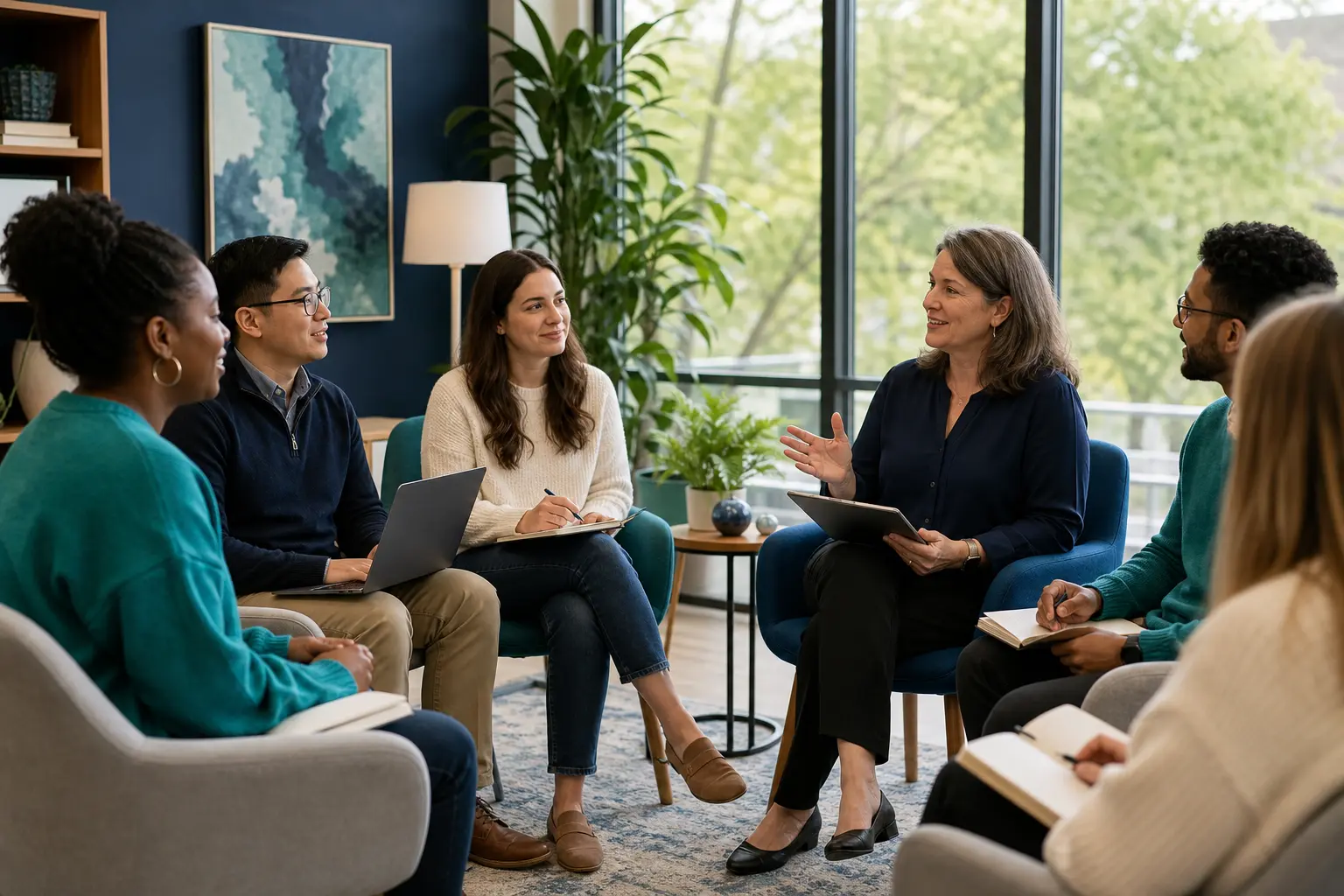 Faculty supervisor leading a group supervision session with counseling graduate students