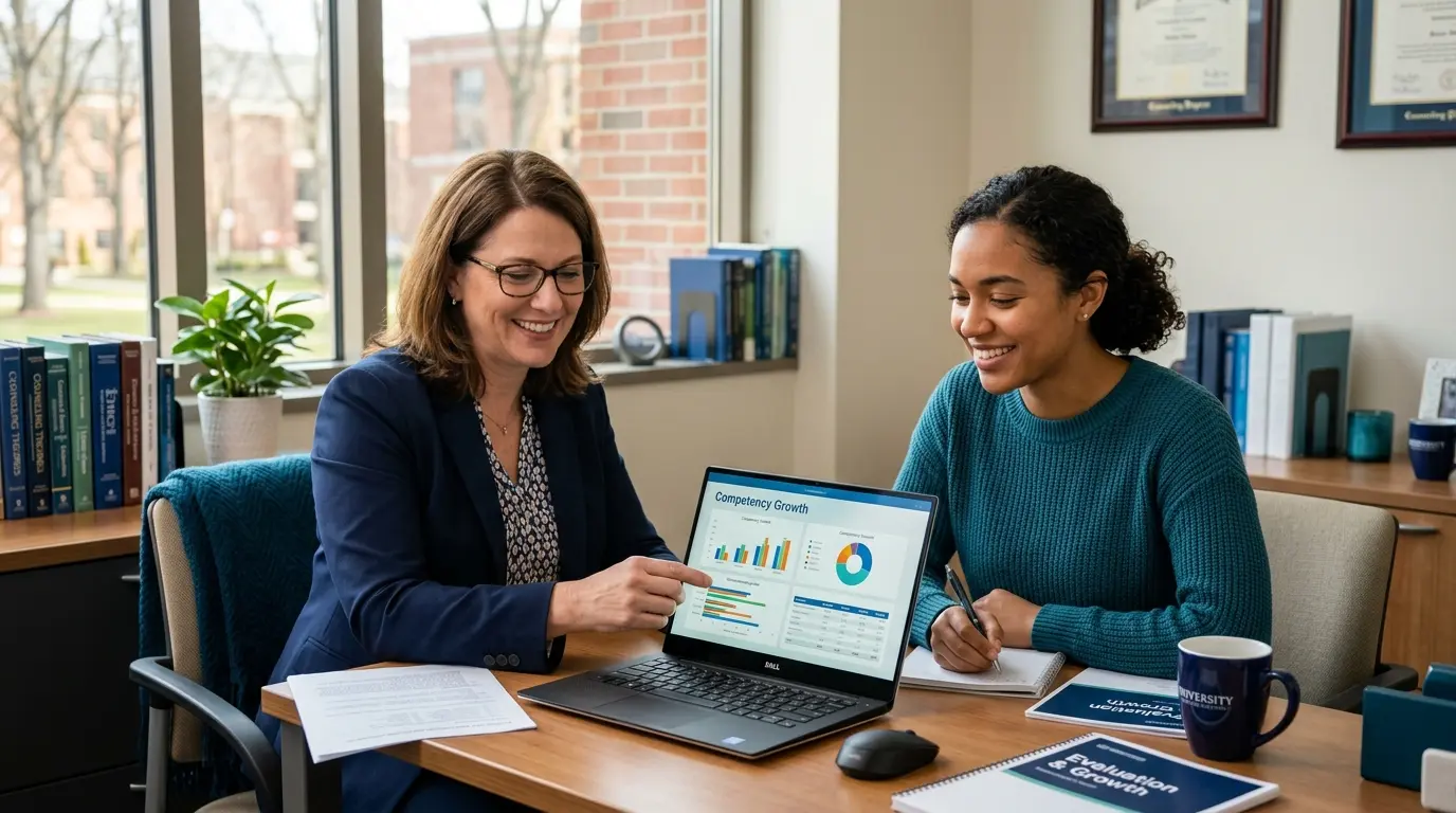 Faculty supervisor and counseling student reviewing competency growth across evaluations