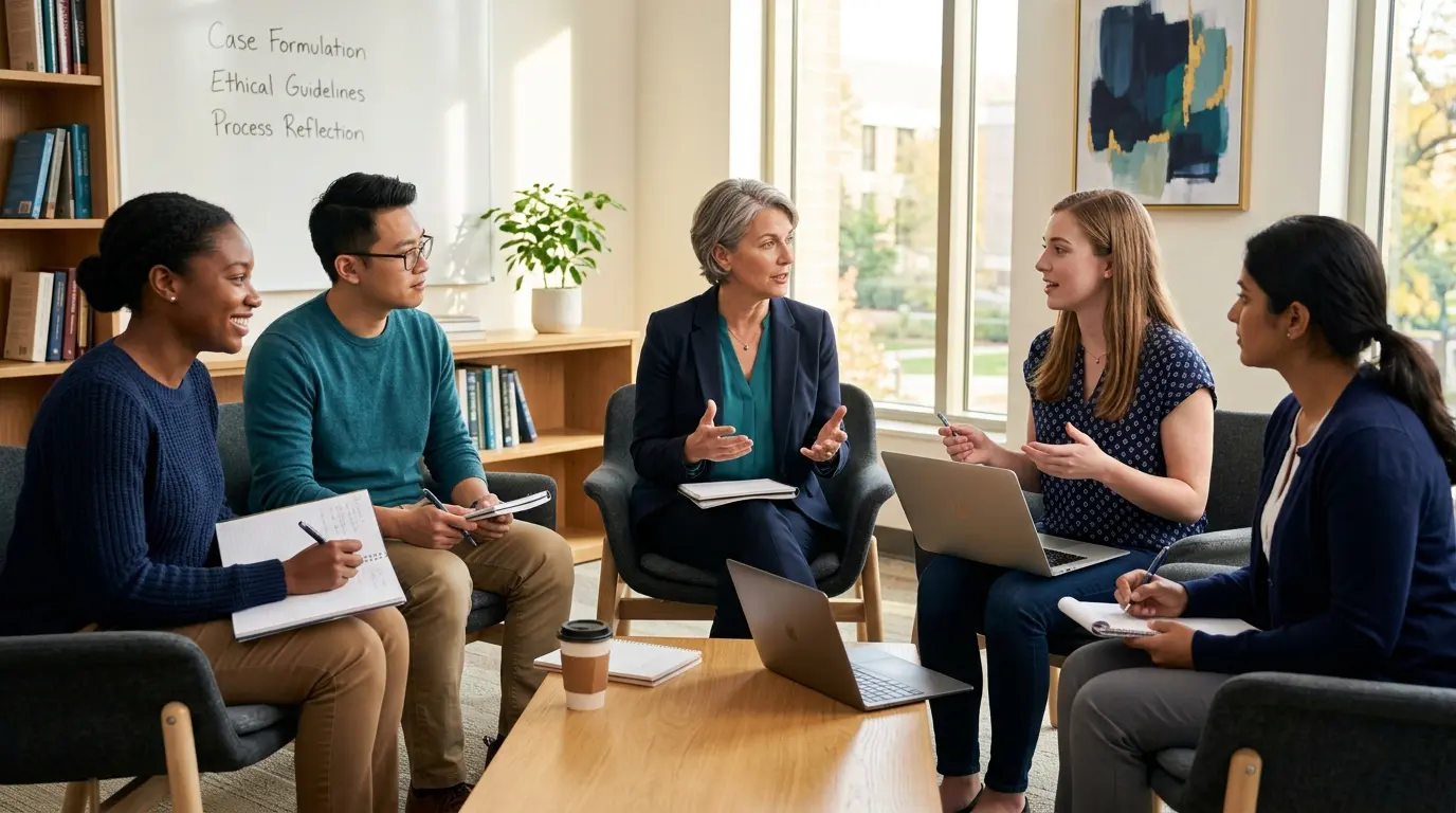 Faculty supervisor leading a group supervision session with counseling graduate students