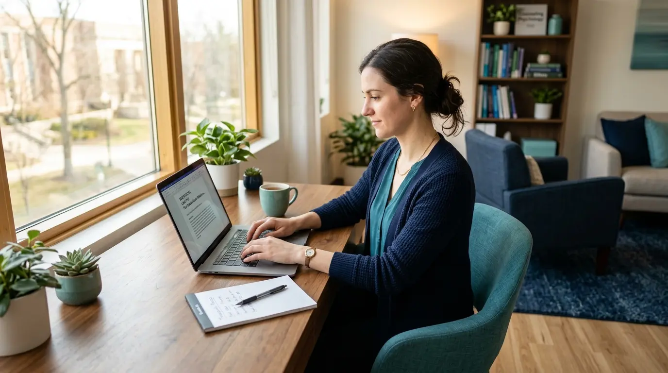 Counseling graduate student logging practicum hours on a laptop in a university clinic